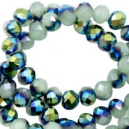 Faceted glass beads 8x6 mm rondelle Greenish grey-half blue gold pearl shine coating