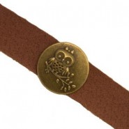 Metal slider Bead round with Owl for flat 10mm cord / leather Antique bronze