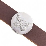 Metal slider Bead round with Butterfly for flat 10mm cord / leather Antique silver