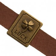 Metal slider Bead "Luck" for flat 10mm cord / leather Antique bronze