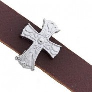 Metal slider Bead Cross deco for flat 10mm cord / leather Antique silver