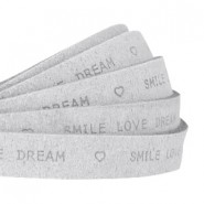 DQ Lederband flach 10mm "smile love dream" print Hellgrau