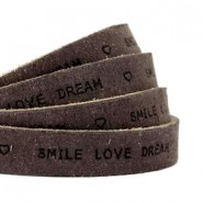 DQ Lederband flach 10mm "smile love dream" print Dark vintage brown